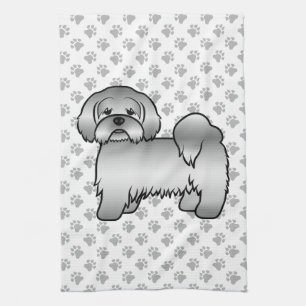 Silver Lhasa Apso Cute Cartoon Dog Illustration Tea Towel