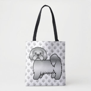 Silver Lhasa Apso Cute Cartoon Dog & Paws Tote Bag