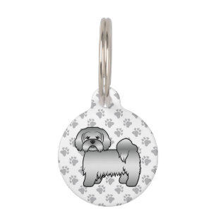 Silver Lhasa Apso Cute Cartoon Dog & Pet's Info Pet Tag