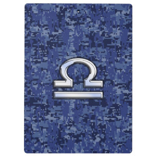 Silver Libra Zodiac Sign on blue digital camo Clipboard