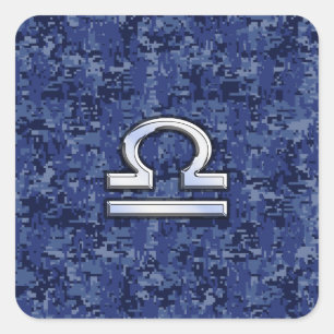 Silver Libra Zodiac Sign on blue digital camo Square Sticker
