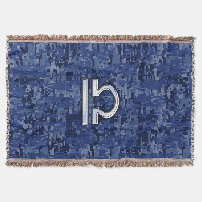 Silver Libra Zodiac Sign on blue digital camo Throw Blanket (Front)