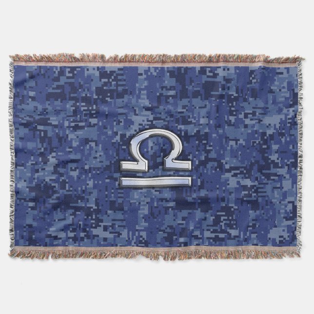 Silver Libra Zodiac Sign on blue digital camo Throw Blanket (Front)