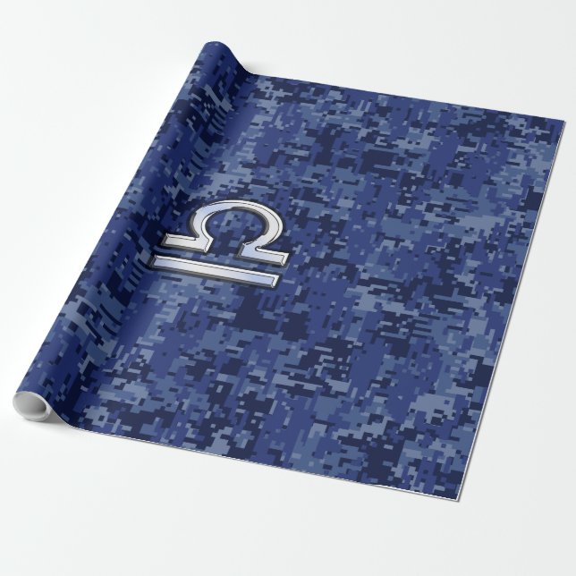 Silver Libra Zodiac Sign on blue digital camo Wrapping Paper (Unrolled)