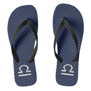 Silver Libra Zodiac Symbol Navy Blue Carbon Fibre Thongs