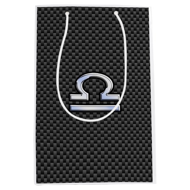 Silver Libra Zodiac Symbol on Carbon Fibre Print Medium Gift Bag (Front)
