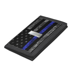 (Silver) Lieutenant Thin Blue Line Distressed Flag Trifold Wallet