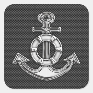 Silver Lifesaver Anchor on Black Carbon Fibre Square Sticker
