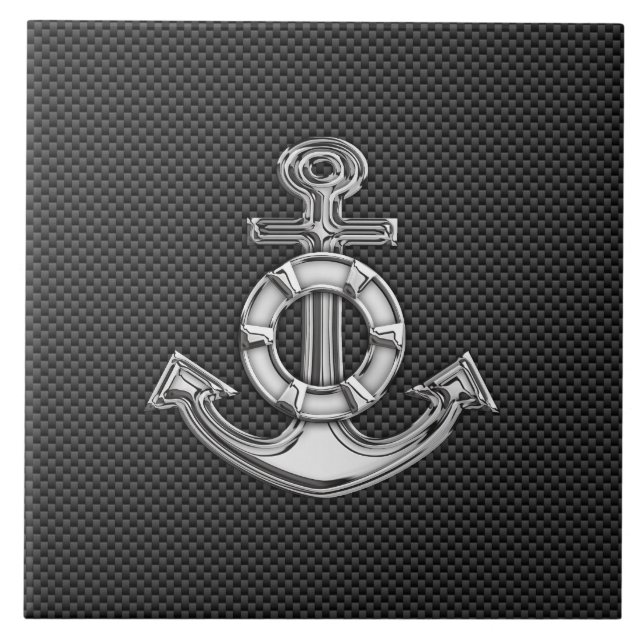 Silver Lifesaver Anchor on Black Carbon Fibre Tile (Front)