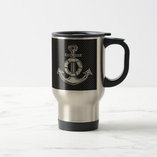 Silver Lifesaver Anchor on Black Carbon Fibre Travel Mug (Right)