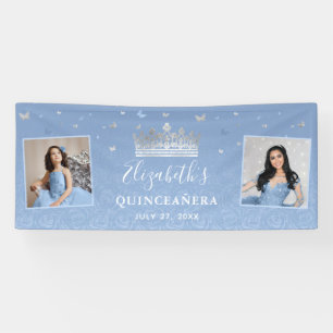 Silver Light Baby Blue Photo Birthday Quinceanera Banner
