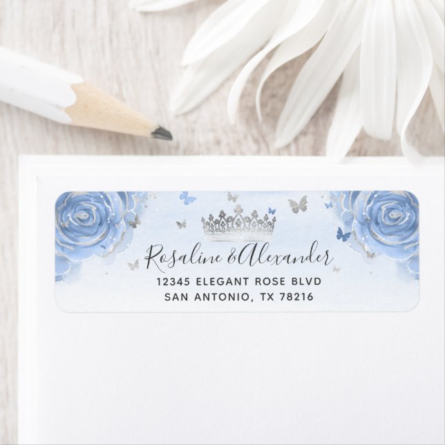 Silver Light Baby Blue Roses Crown Return Address Label (Insitu)