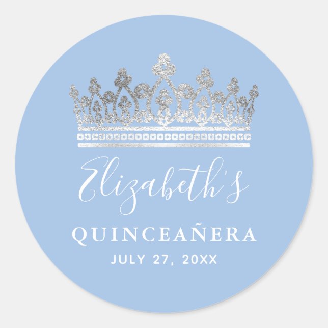 Silver Light Baby Blue Roses Elegant Quinceanera Classic Round Sticker (Front)