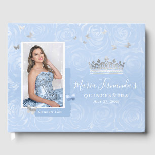 Silver Light Baby Blue Roses Photo Quinceanera Guest Book