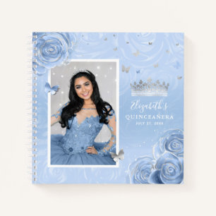 Silver Light Baby Blue Roses Quinceanera Guest Notebook