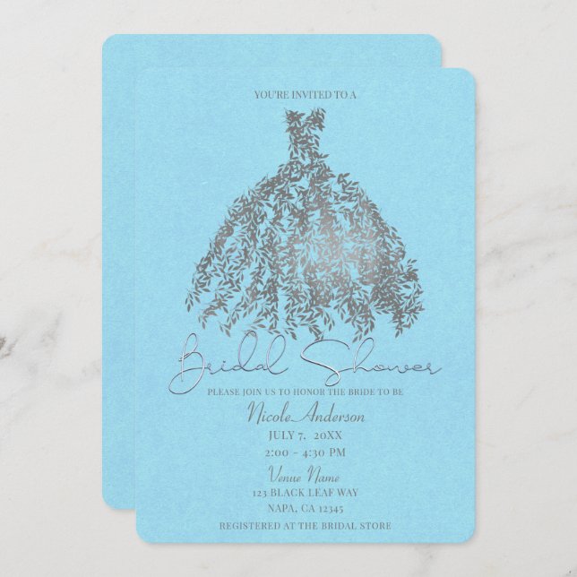 Silver & Light Blue Botanical Dress Bridal Shower Invitation (Front/Back)