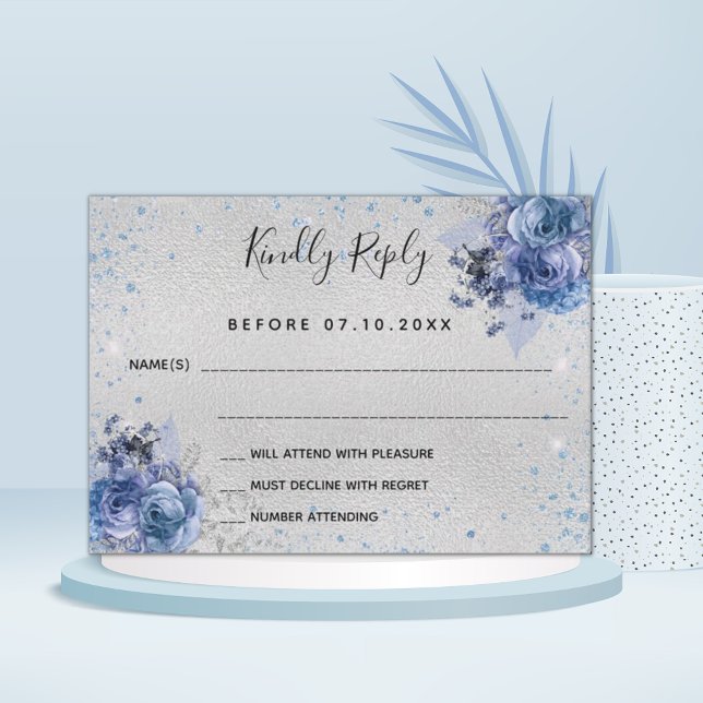 Silver light blue glitter floral wedding RSVP Card (Creator Uploaded)