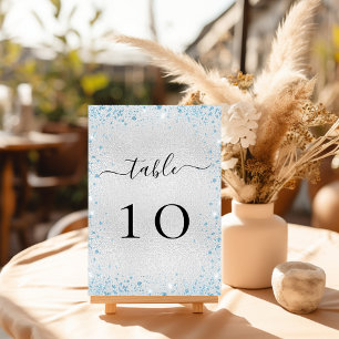 Silver light blue glitter sparkles winter table number