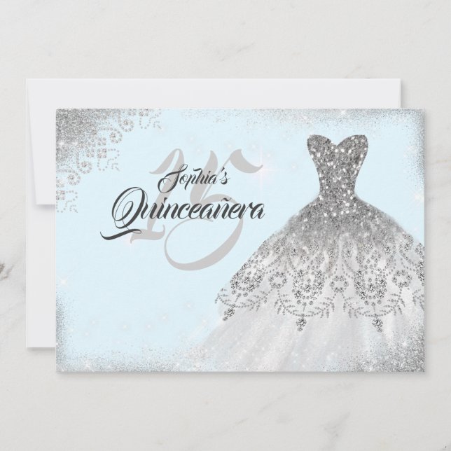 Silver Light Blue Lace Diamond Gown Quinceanera Invitation (Front)