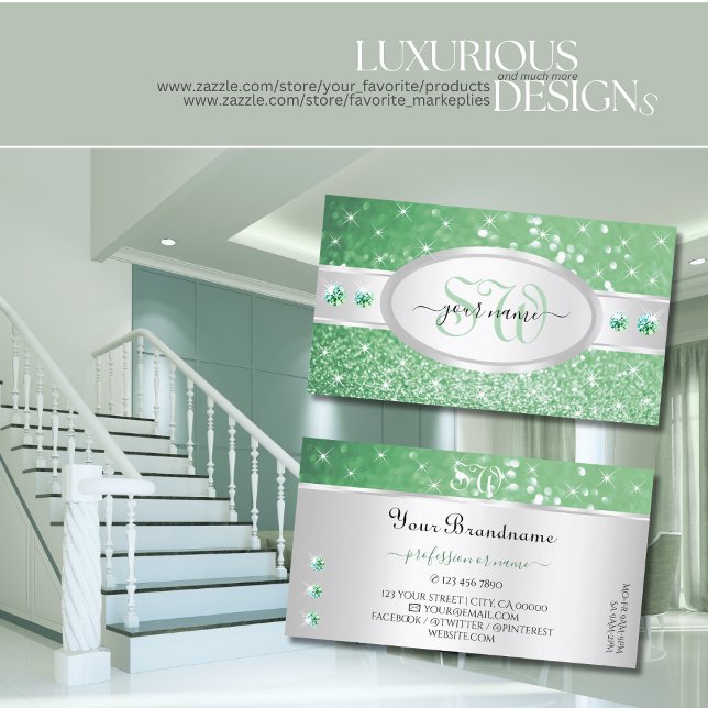 Silver Light Emerald Green Glitter Jewels Monogram Business Card (Creator Uploaded)