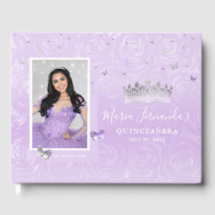 Silver Light Purple Rose Elegant Photo Quinceanera Guest Book