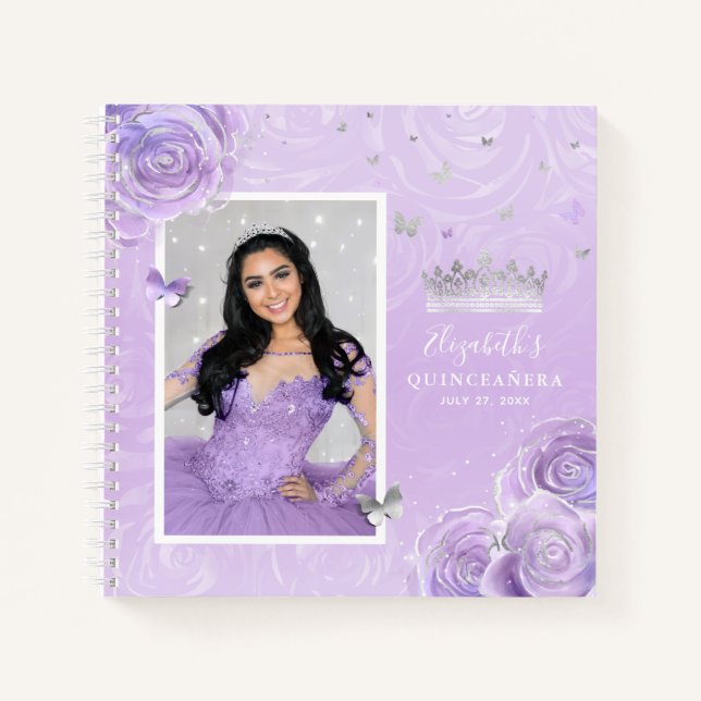 Silver Light Purple Rose Elegant Quinceanera Guest Notebook (Front)