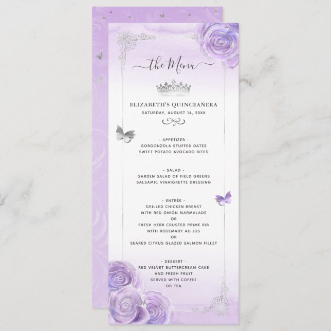 Silver Light Purple Roses Elegant Floral Menu (Front/Back)