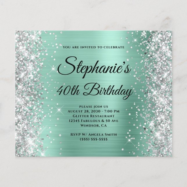Silver Light Teal Glam Monogram 40th Birthday Flyer (Front)