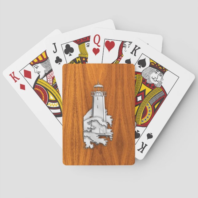 Silver Lighthouse on Teak Wood Style Playing Cards (Back)