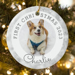 Silver Lights Pet's First Christmas Photo Ceramic Ornament<br><div class="desc">Custom-designed pet's first Christmas photo ornament featuring custom pet's photo and name on silver Christmas lights background.</div>
