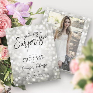 Silver Lights Photo Surprise Sweet 16 Invites