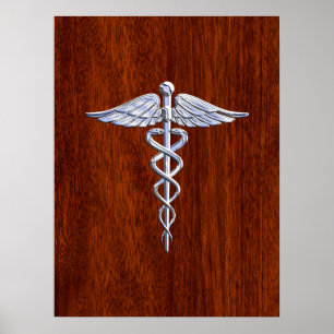 Silver Like Caduceus Medical Symbol Mahogany Print