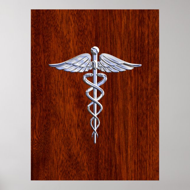Silver Like Caduceus Medical Symbol Mahogany Print (Front)