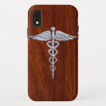 Silver Like Caduceus Medical Symbol Mahogany Print iPhone XR Case<br><div class="desc">The Symbolic Silver Like Caduceus Medical Symbol design presented here on a mahogany wood grain printed background. The caduceus snakes is designed to look like it is made of chrome. Good for a graduation occasion, a statement for your profession, or for a gift with that medical look your are looking...</div>