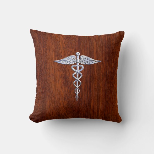 Silver Like Caduceus Medical Symbol Mahogany Print Cushion (Front)