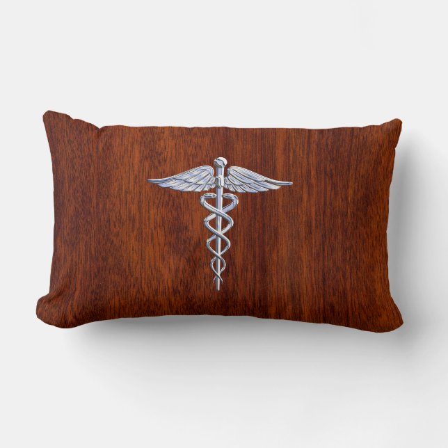 Silver Like Caduceus Medical Symbol Mahogany Print Lumbar Cushion (Front)