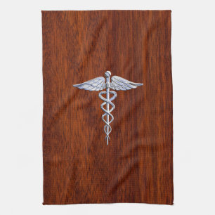 Silver Like Caduceus Medical Symbol Mahogany Print Tea Towel