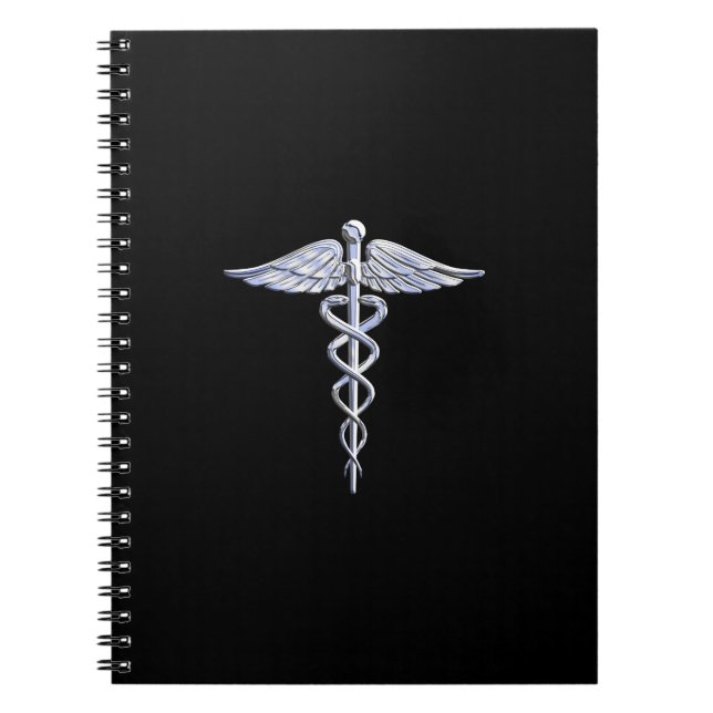 Silver Like Caduceus Medical Symbol on Black Decor Notebook (Front)