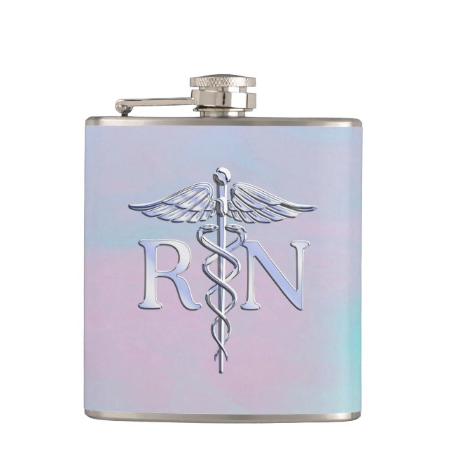 Silver Like RN Caduceus Medical Mother Pearl Hip Flask (Front)