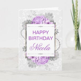 Silver & Lilac Purple Flowers & Glitter Birthday Card