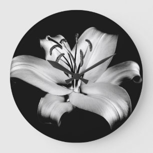 Silver Lily: Monochrome Floral Elegance. Large Clock