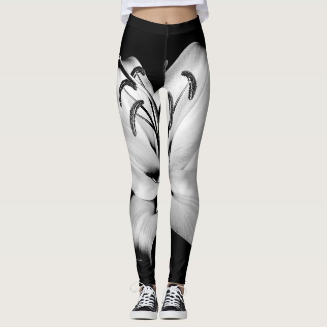 Silver Lily: Monochrome Floral Elegance. Leggings (Front)