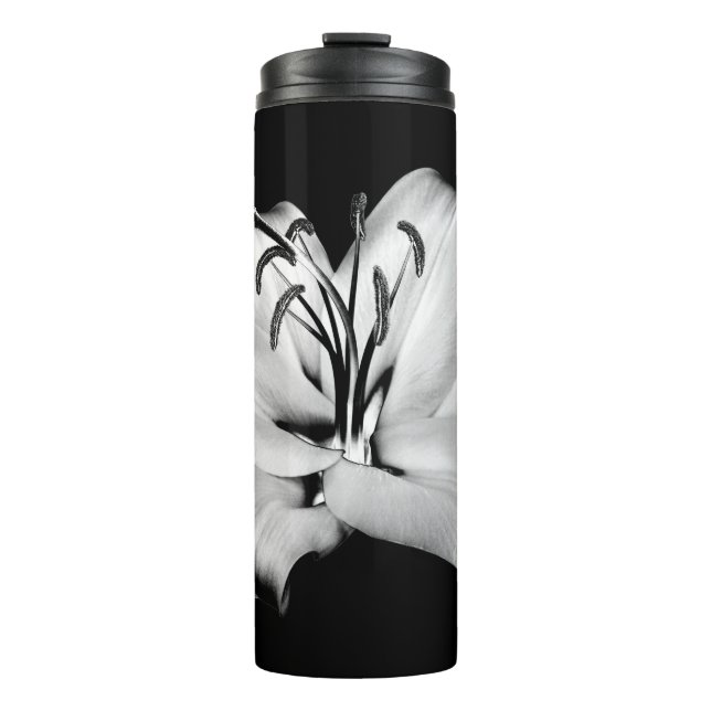 Silver Lily: Monochrome Floral Elegance. Thermal Tumbler (Front)