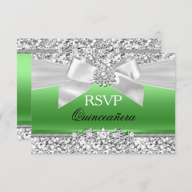 Silver Lime Green Glitter Bow Quinceanera RSVP Invitation (Front/Back)