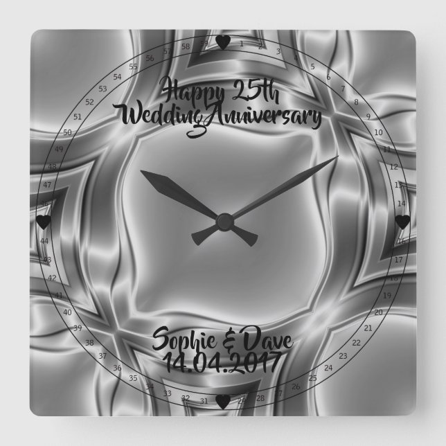 Silver Lines 25th Silver Wedding Anniversary Square Wall Clock (Front)