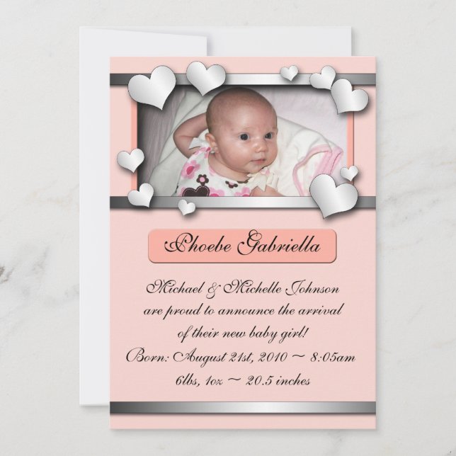 Silver Lining Hearts Peach Birth Announcements (Front)