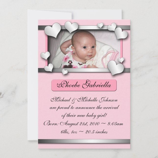 Silver Lining Hearts Pink Birth Announcements (Front)