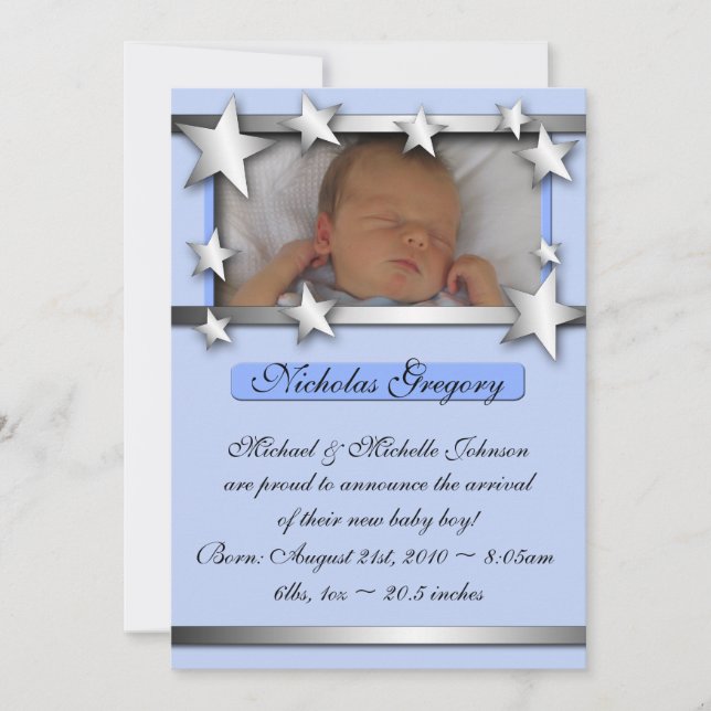 Silver Lining Stars Blue Birth Announcements (Front)