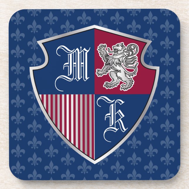 Silver Lion Coat of Arms Monogram Emblem Shield Coaster (Front)