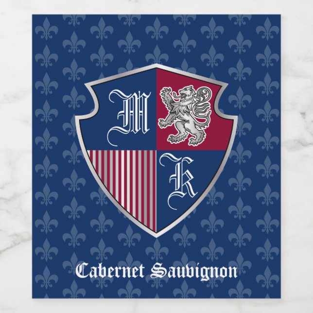 Silver Lion Coat of Arms Monogram Emblem Shield Wine Label (Single Label)